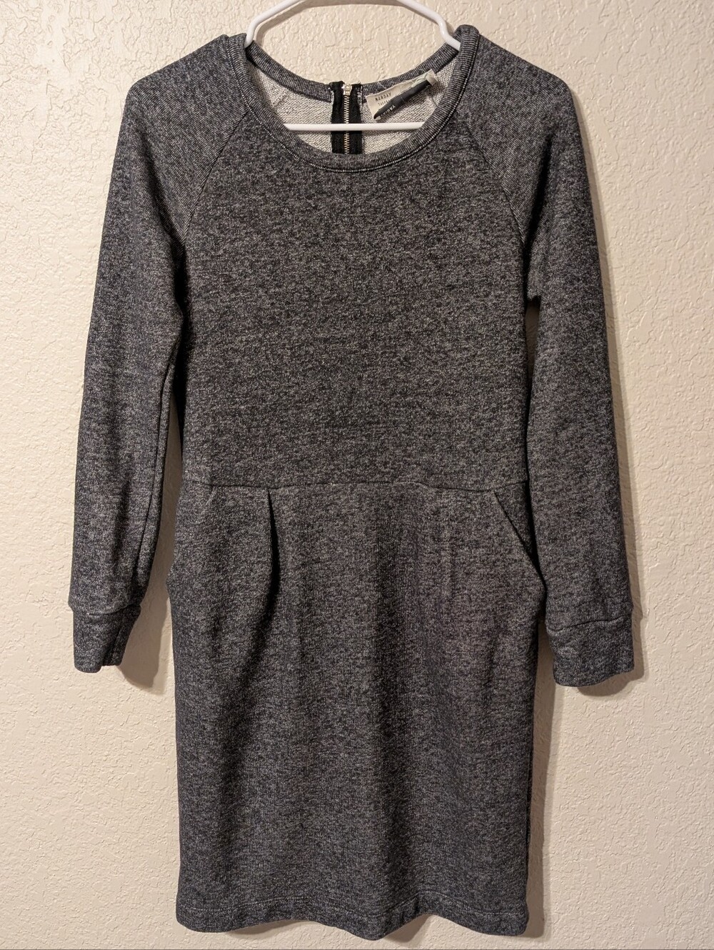 Anthropologie Grey Sweater Mini Dress w/ Front Pockets & Zip Back, Size Small